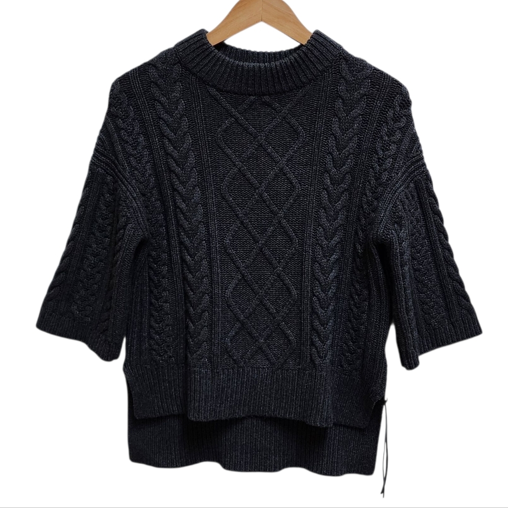 Loma Sweater Women S Gray Wool Cashmere Cable Knit 3/4 Slv Hi Low Preppy Casual